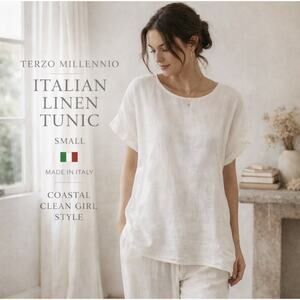 Made in Italy Linen Tunic Top Sm White Minimalist Coastal Lagenlook Button Back